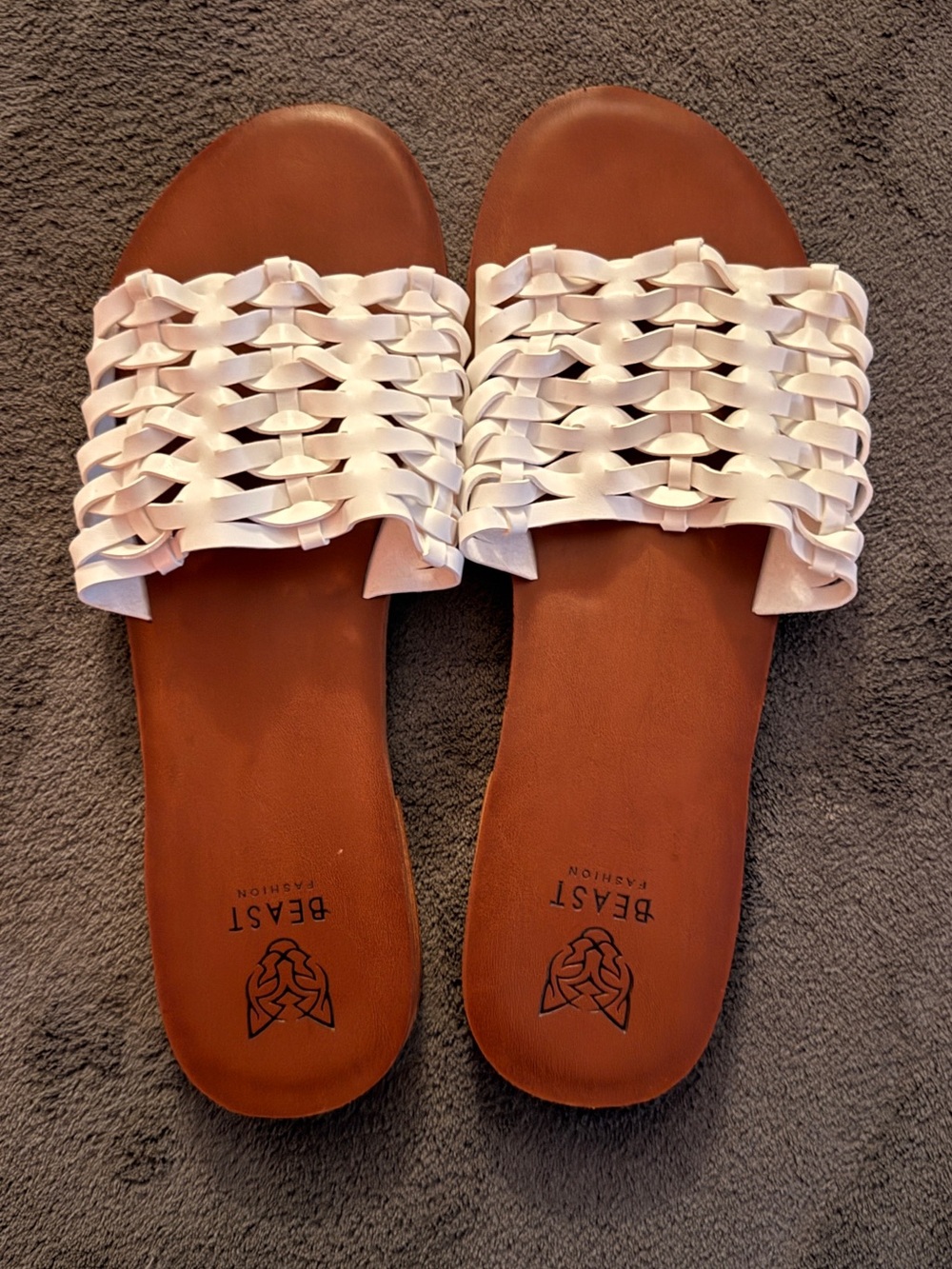 BEAST FASHION White Woven Slide Sandals with Brown Footbed